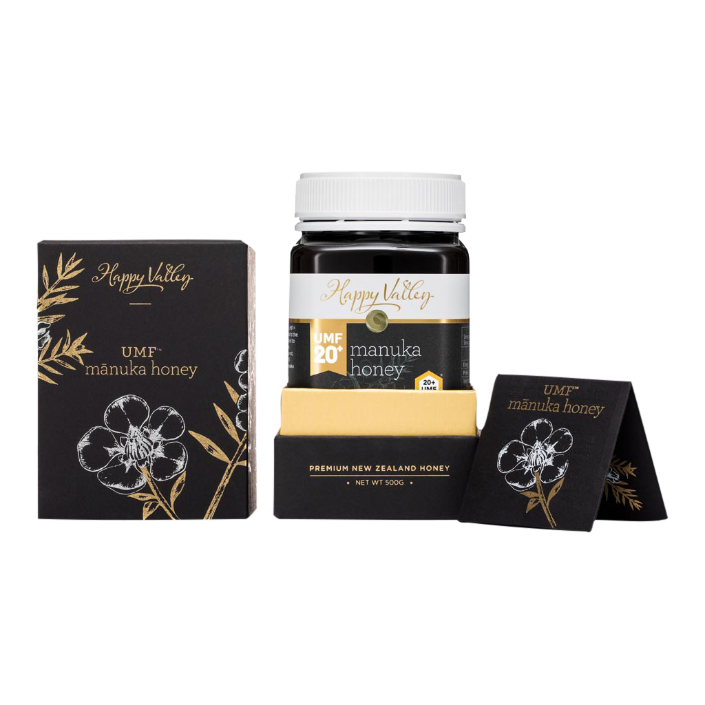 Happy Valley's UMF® 20+, MGO 829+ Manuka Honey box and jar of honey with certification, 500g Premium New Zealand Honey