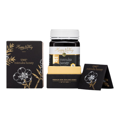 Happy Valley's UMF® 20+, MGO 829+ Manuka Honey box and jar of honey with certification, 500g Premium New Zealand Honey