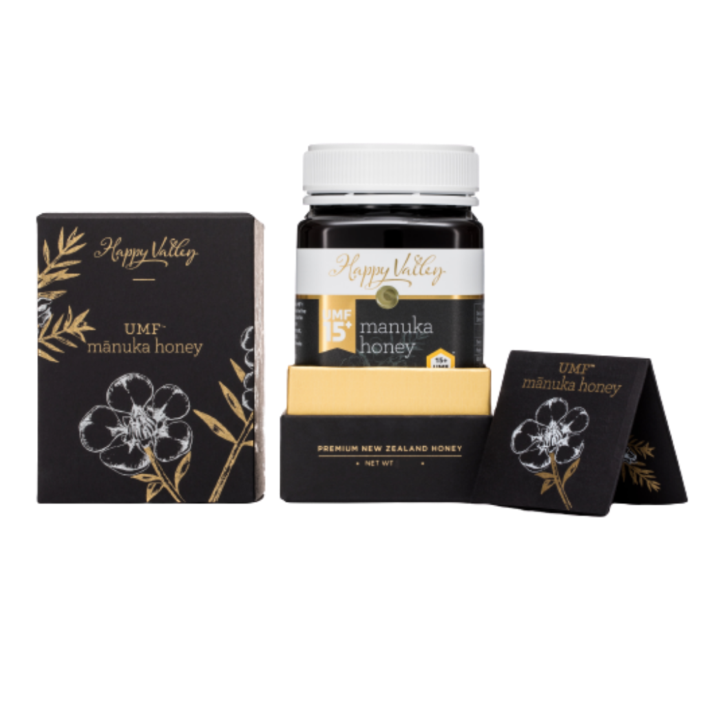 UMF 15+ MGO 514+ Manuka Honey, 500gram 17.6 oz, Premium gold and black packaging New Zealand Manuka Honey from Happy Valley Honey