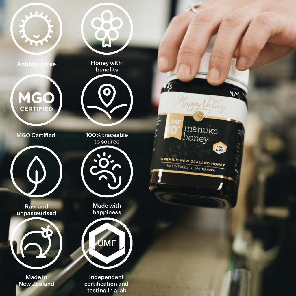 UMF 10+ MGO 263+ Manuka Honey benefits: antibotics free, MGO certified, raw & unpasteurized, made in New Zealand, Traceable, UMF tested